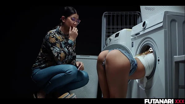 STUCK in the Washing Machine! Trans Shemale Grows Futa Cock And Fucks Female Slut with Anal Creampie