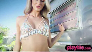 Canadian blonde strips bedazzled lingerie to flaunt perfect ass