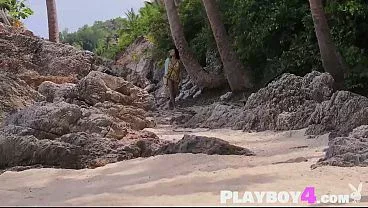 Sexy big tits Thai teen Kahlisa solo striptease on the beach for Playboy