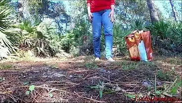 Babe in Red Fucks Herself Outside