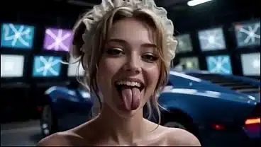Beautiful woman with huge breast working at shop sport car, Ai animation