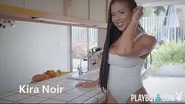 Curvy black MILF babe Kira Noir goes fully naked in a kitchen